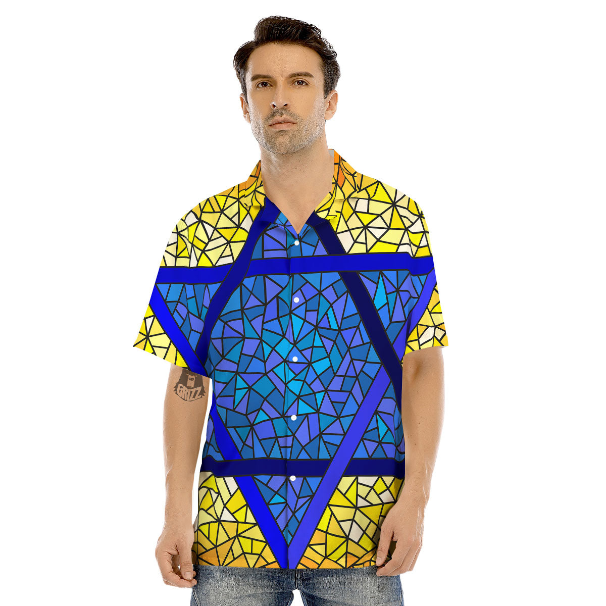 Star of David Stained Glass Print Men's Hawaiian Shirt-grizzshop