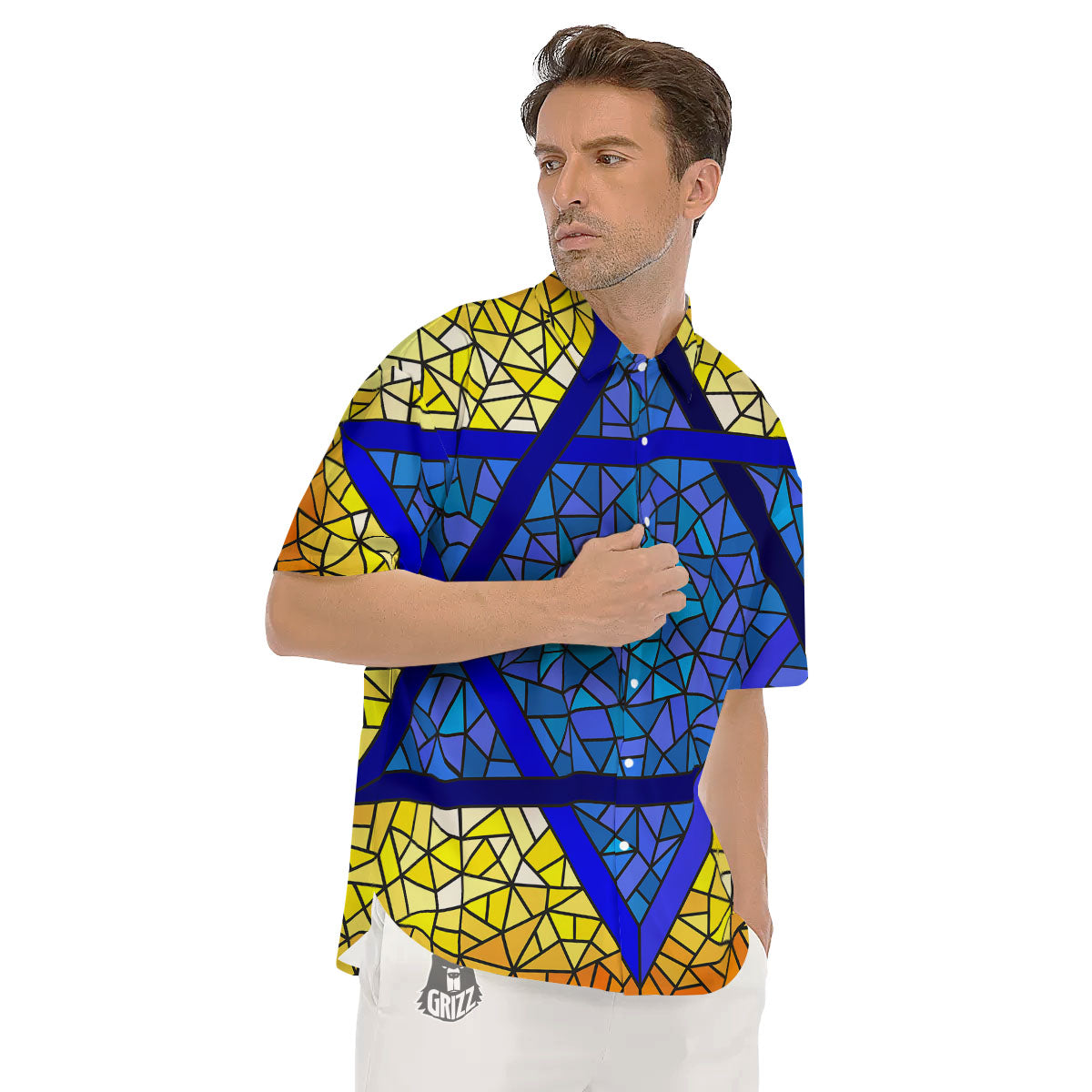 Star of David Stained Glass Print Men's Short Sleeve Shirts-grizzshop