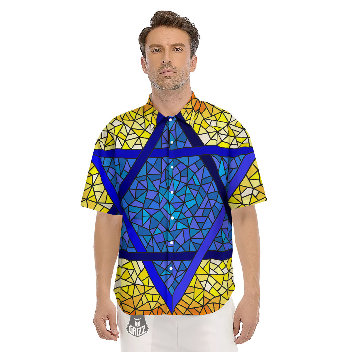 Star of David Stained Glass Print Men's Short Sleeve Shirts-grizzshop