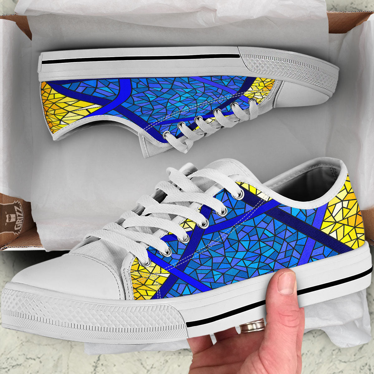 Star of David Stained Glass Print White Low Top Shoes-grizzshop