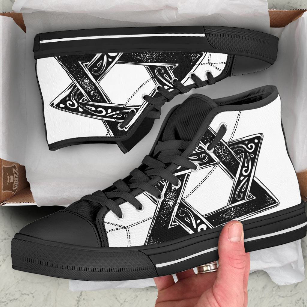 Star of David White And Black Print Black High Top Shoes-grizzshop