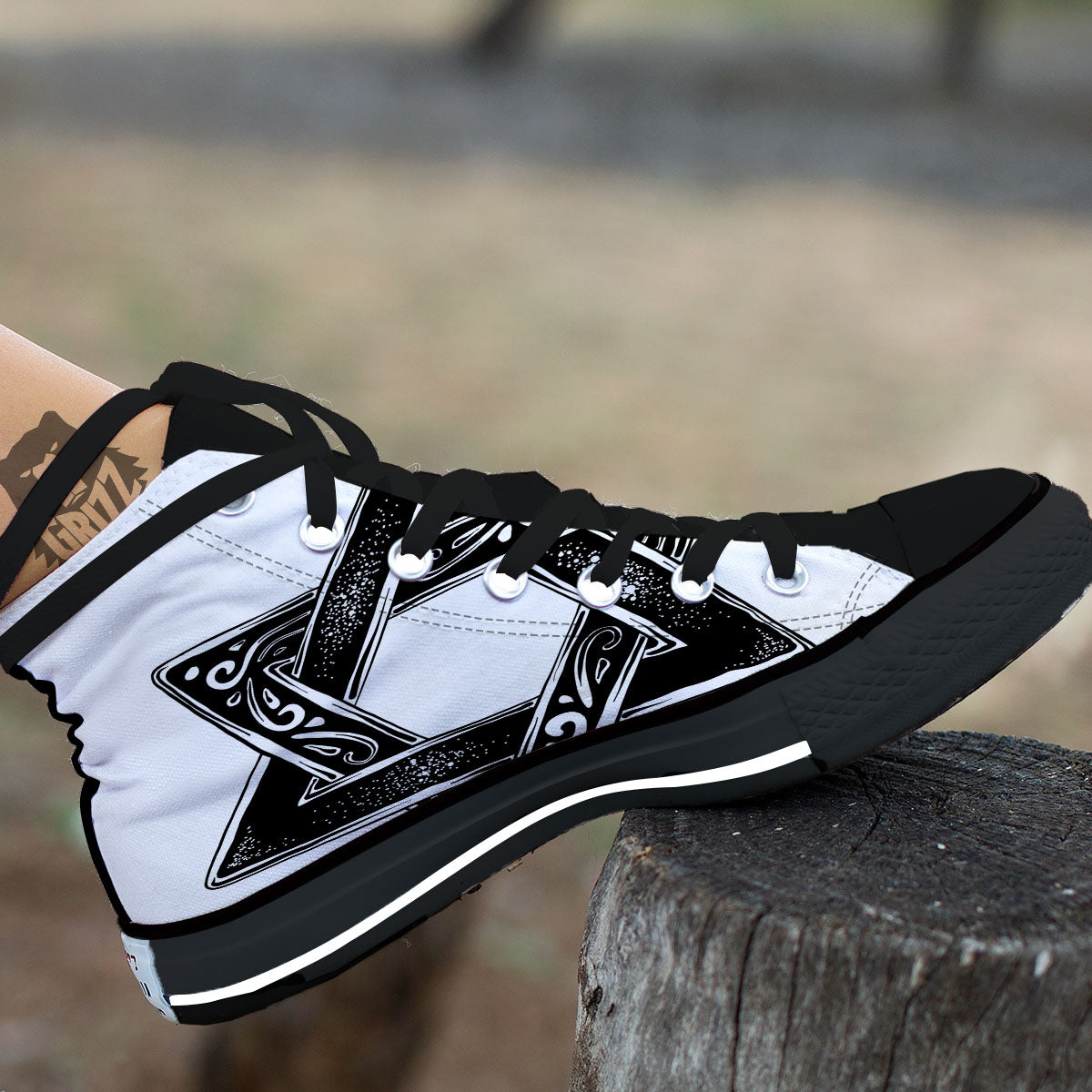 Star of David White And Black Print Black High Top Shoes-grizzshop