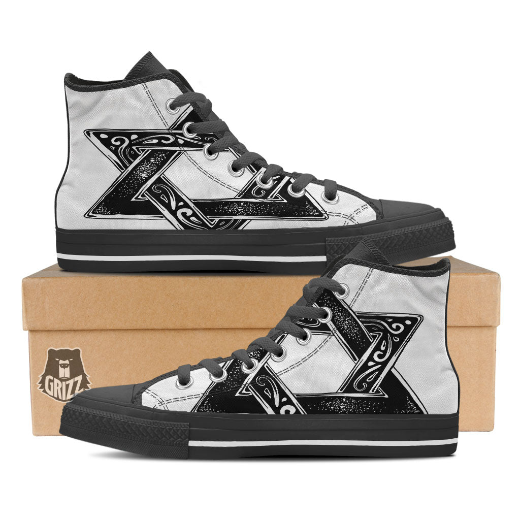 Star of David White And Black Print Black High Top Shoes-grizzshop