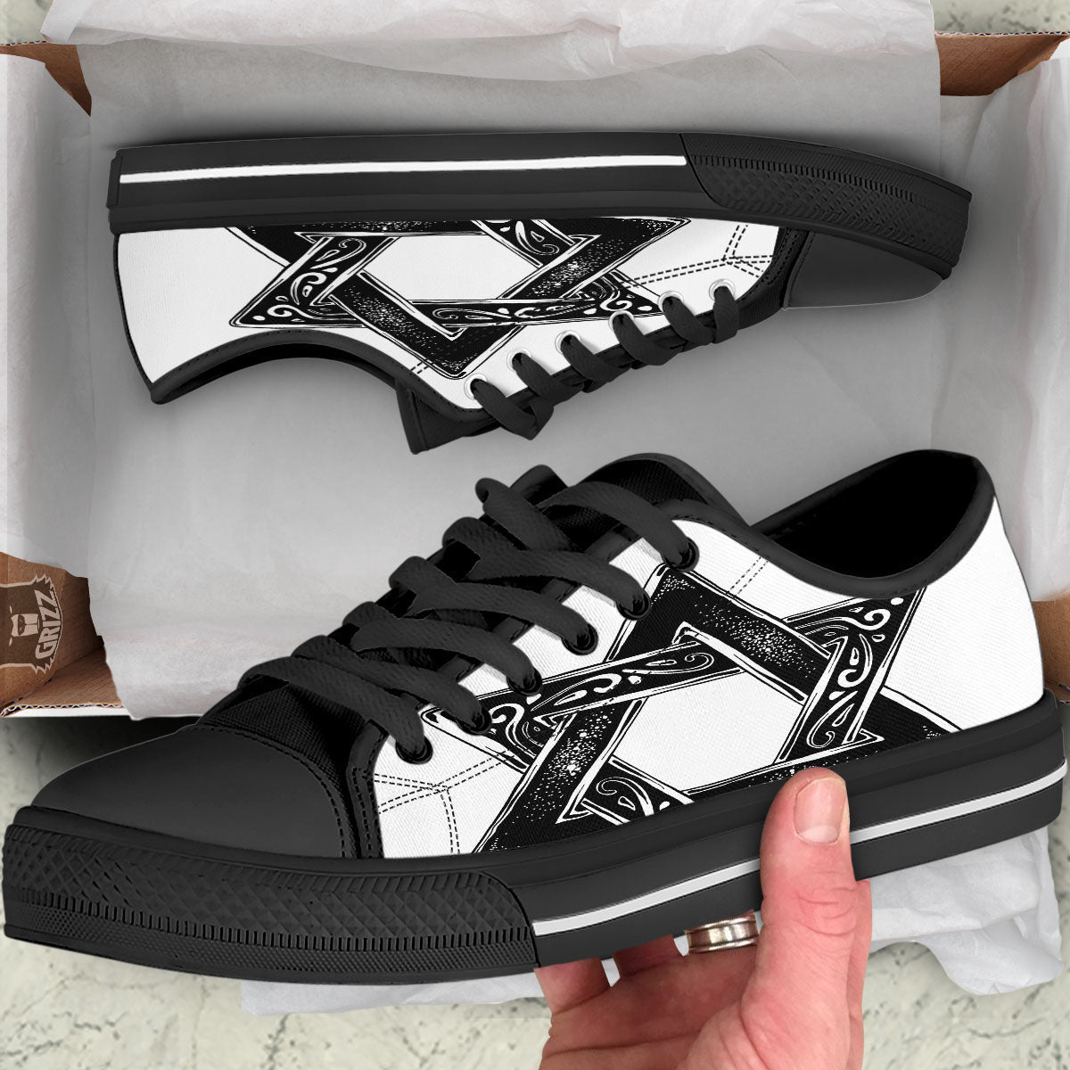Star of David White And Black Print Black Low Top Shoes-grizzshop