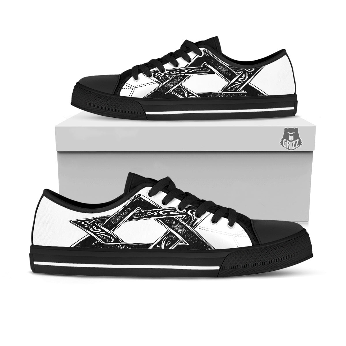 Star of David White And Black Print Black Low Top Shoes-grizzshop