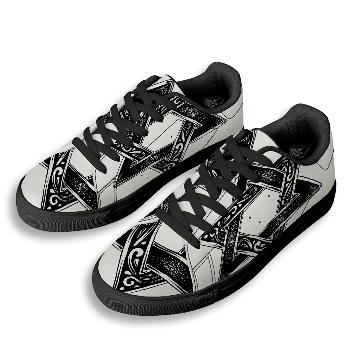 Star of David White And Black Print Black Low Top Sneakers-grizzshop