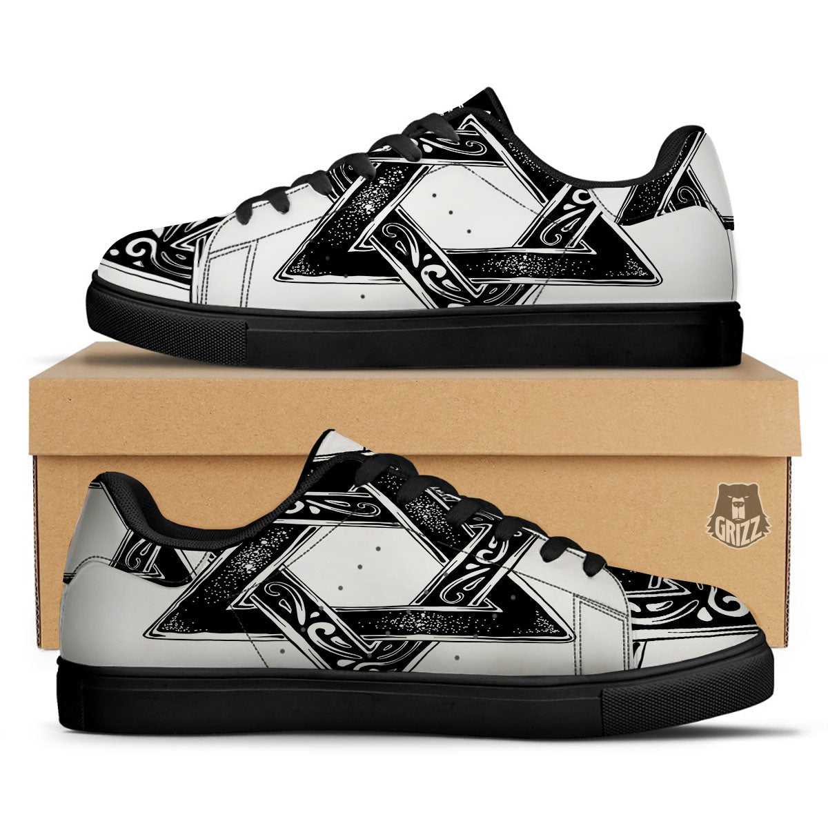 Star of David White And Black Print Black Low Top Sneakers-grizzshop