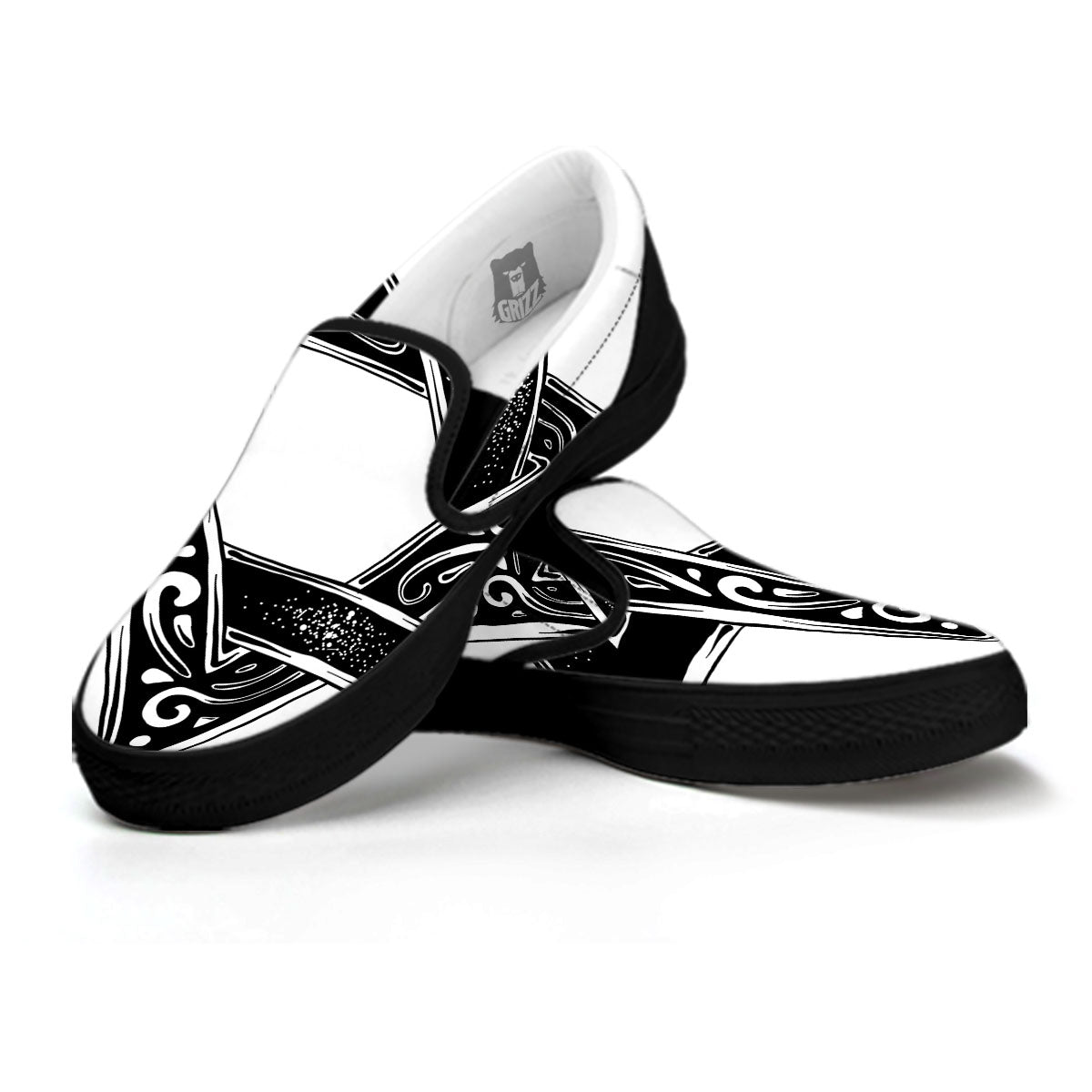 Star of David White And Black Print Black Slip On Shoes-grizzshop