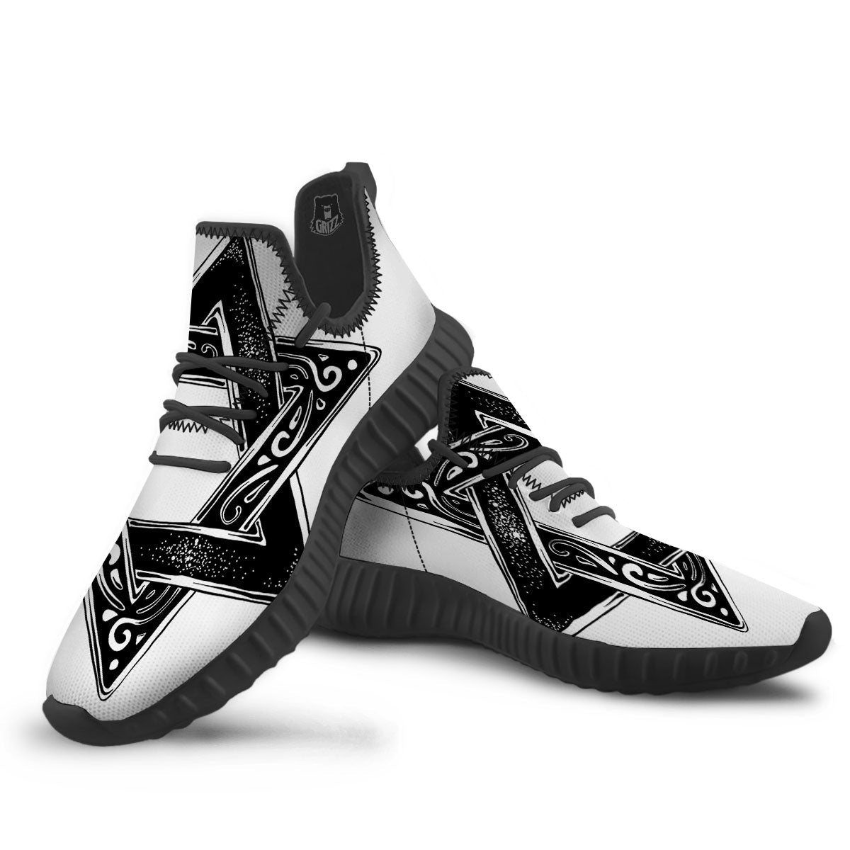 Star of David White And Black Print Black Walking Shoes-grizzshop
