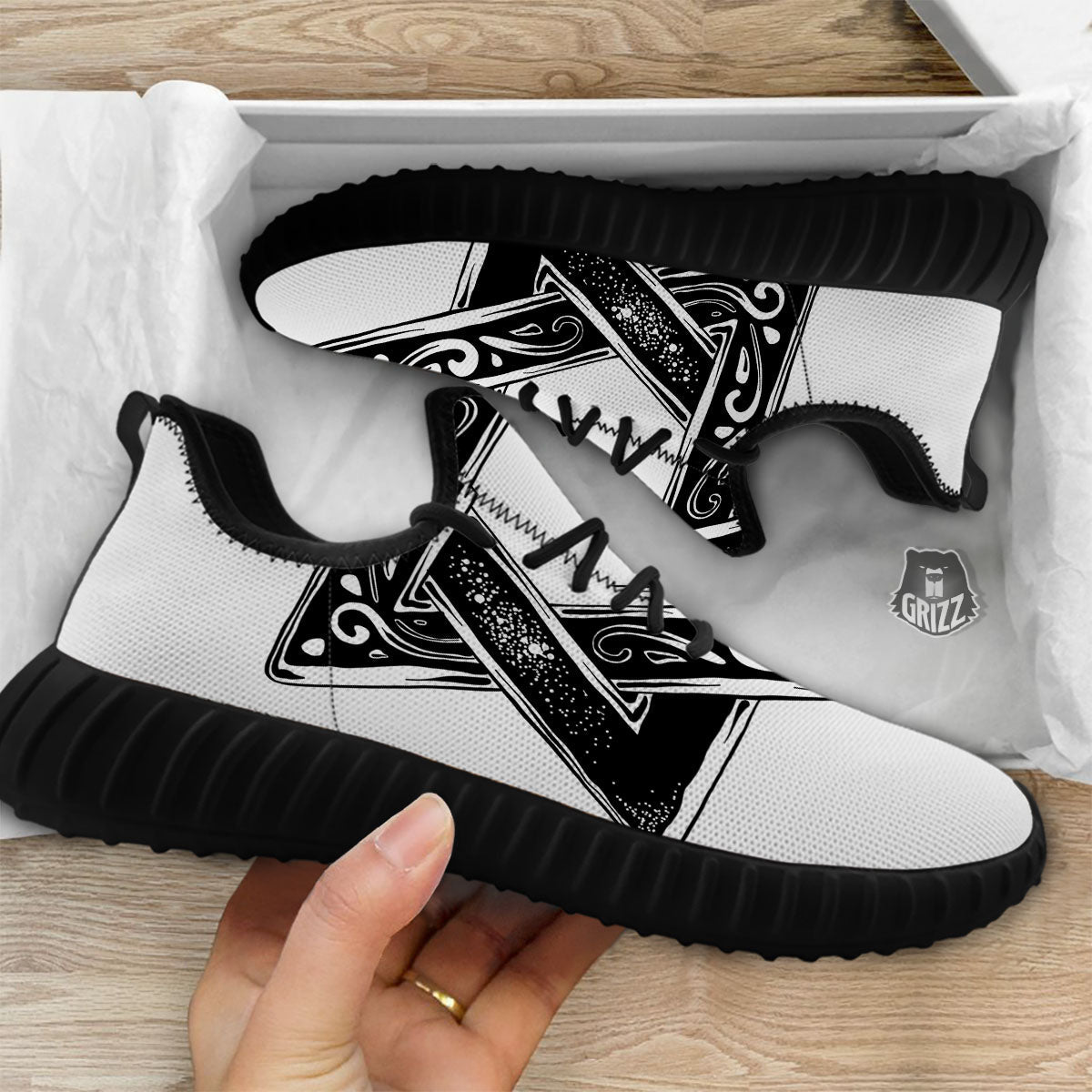 Star of David White And Black Print Black Walking Shoes-grizzshop