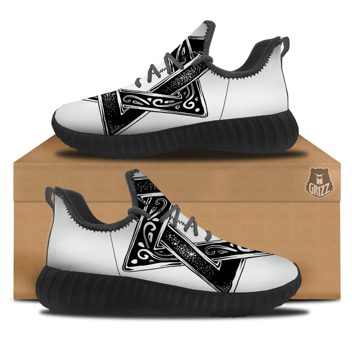 Star of David White And Black Print Black Walking Shoes-grizzshop
