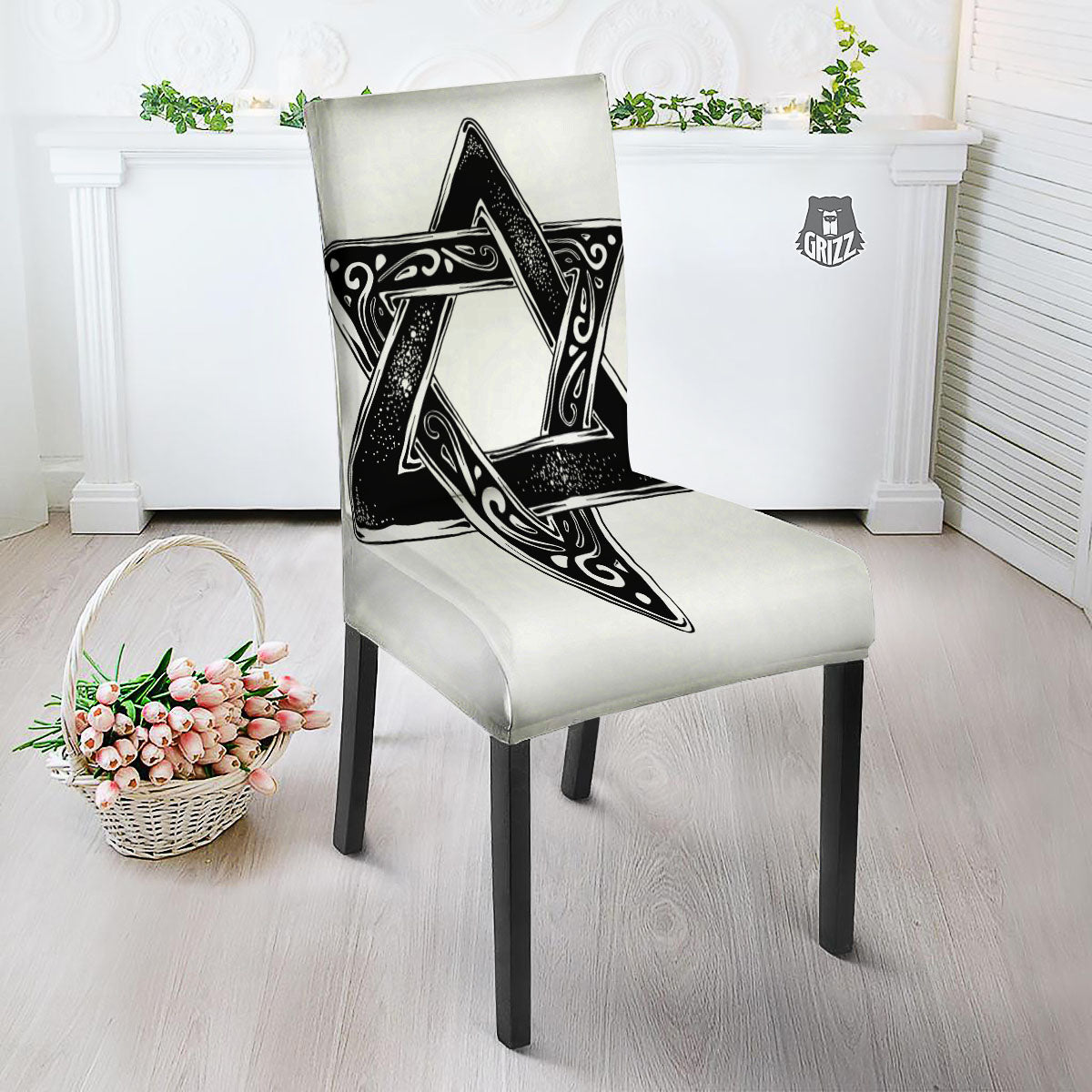 Star of David White And Black Print Dining Chair Slipcover-grizzshop