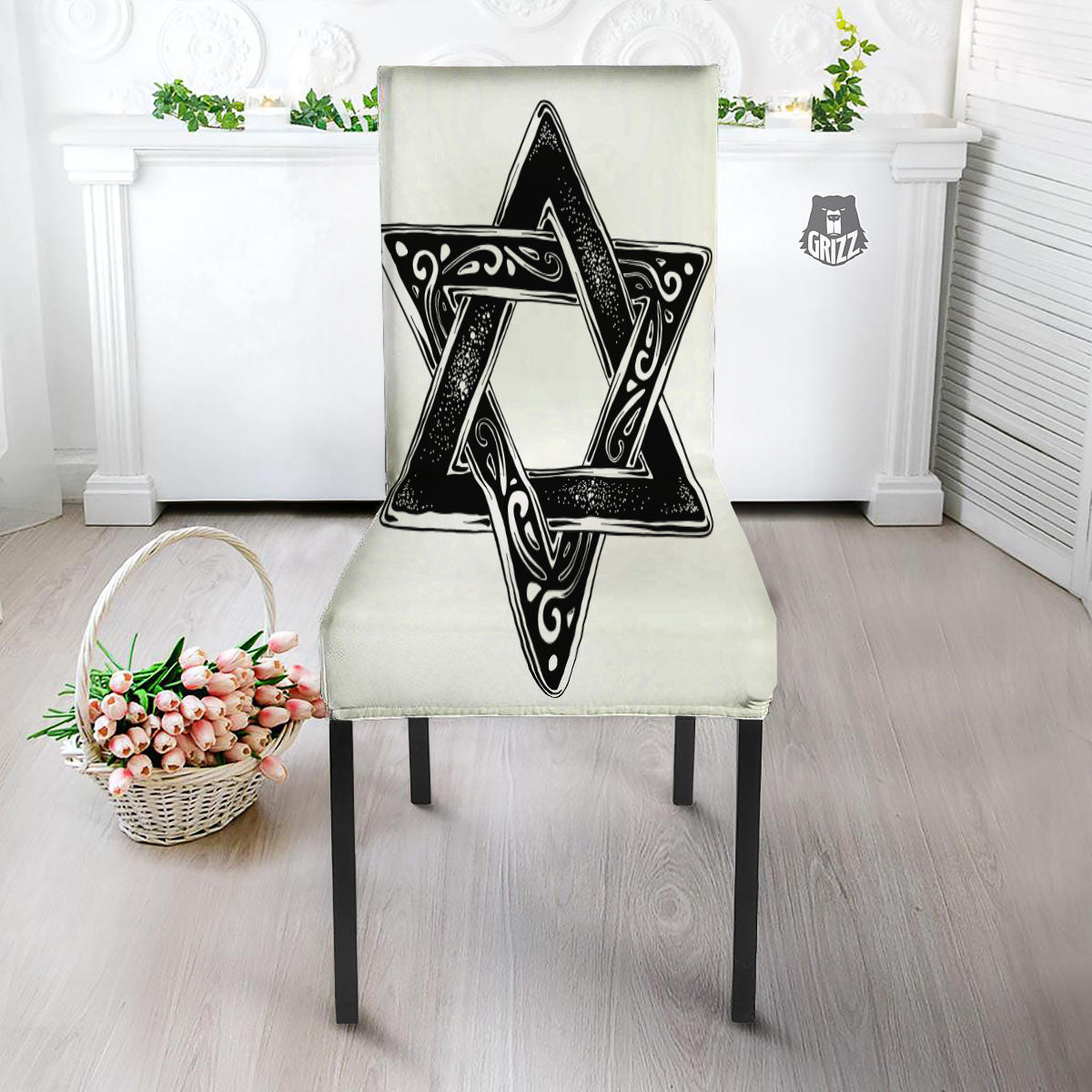 Star of David White And Black Print Dining Chair Slipcover-grizzshop