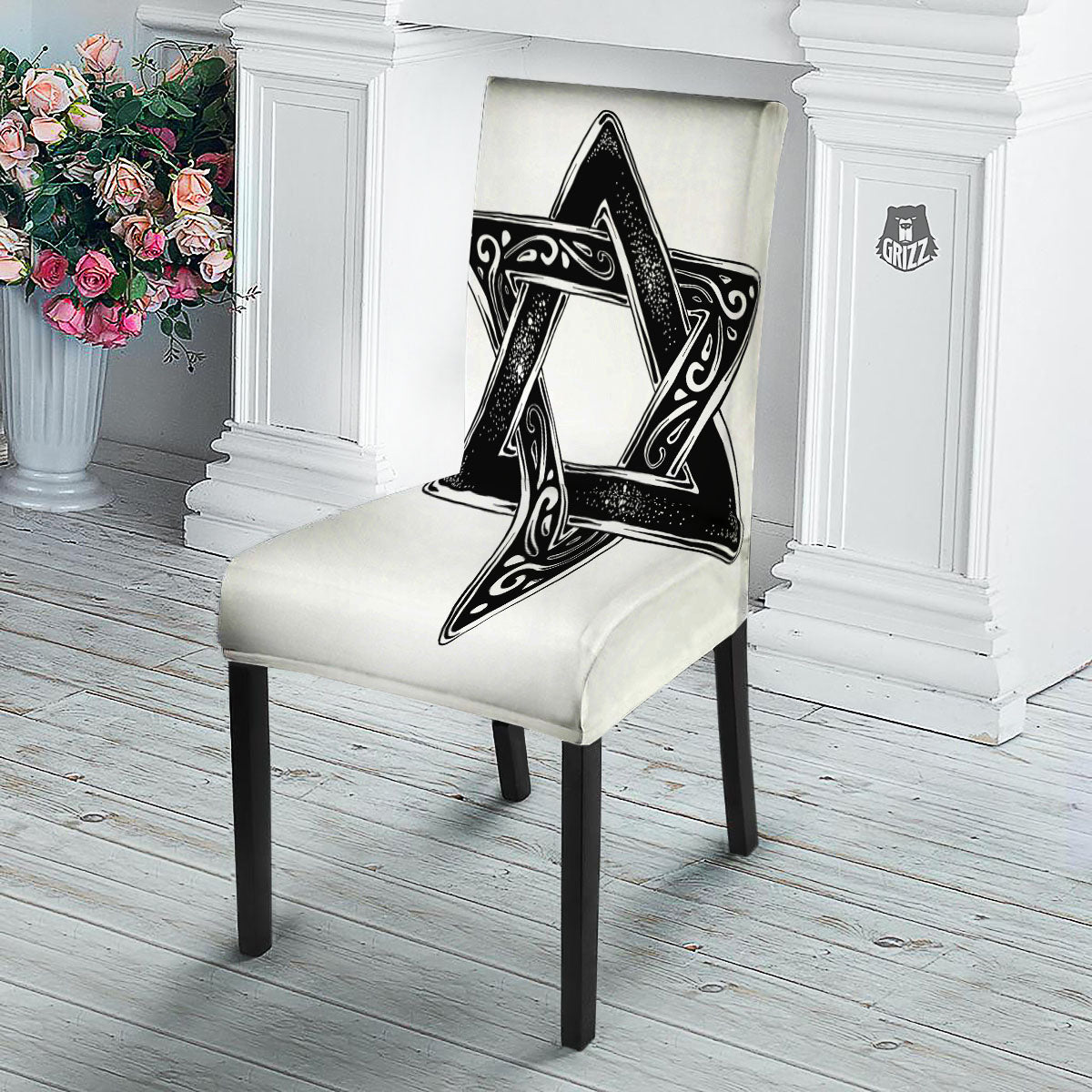 Star of David White And Black Print Dining Chair Slipcover-grizzshop