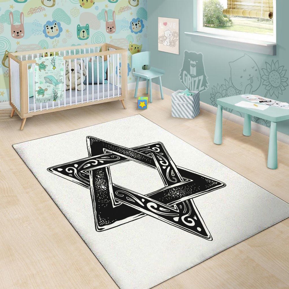 Star of David White And Black Print Floor Mat-grizzshop