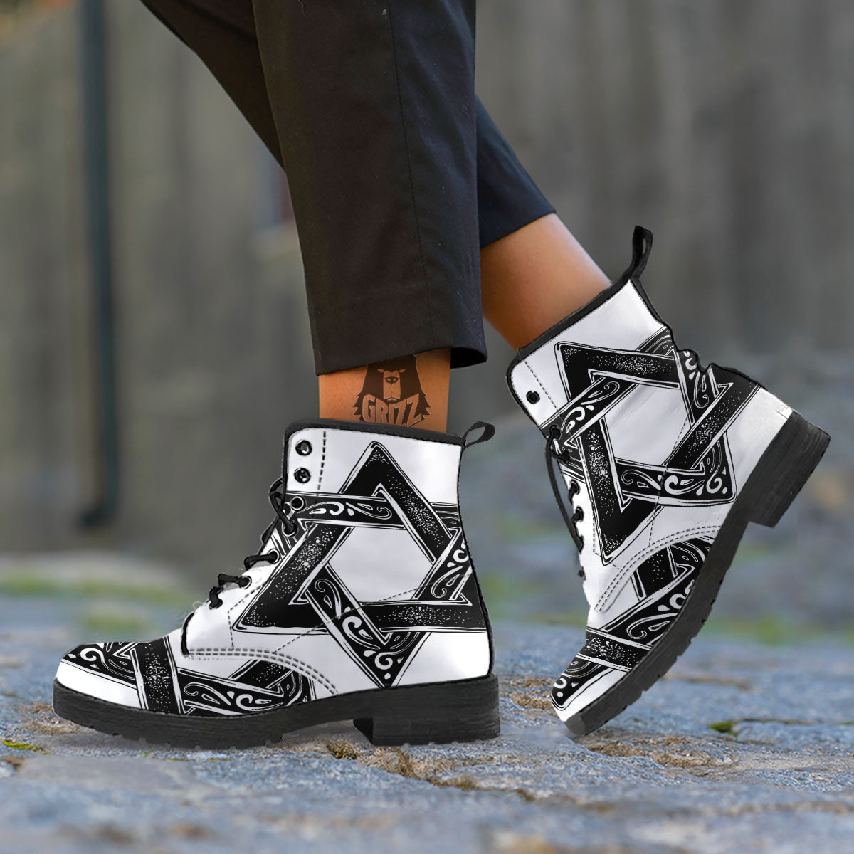 Star of David White And Black Print Leather Boots-grizzshop