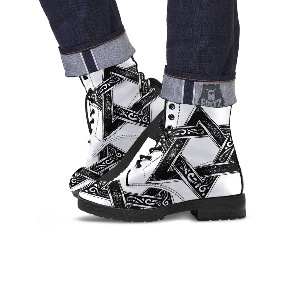 Star of David White And Black Print Leather Boots-grizzshop