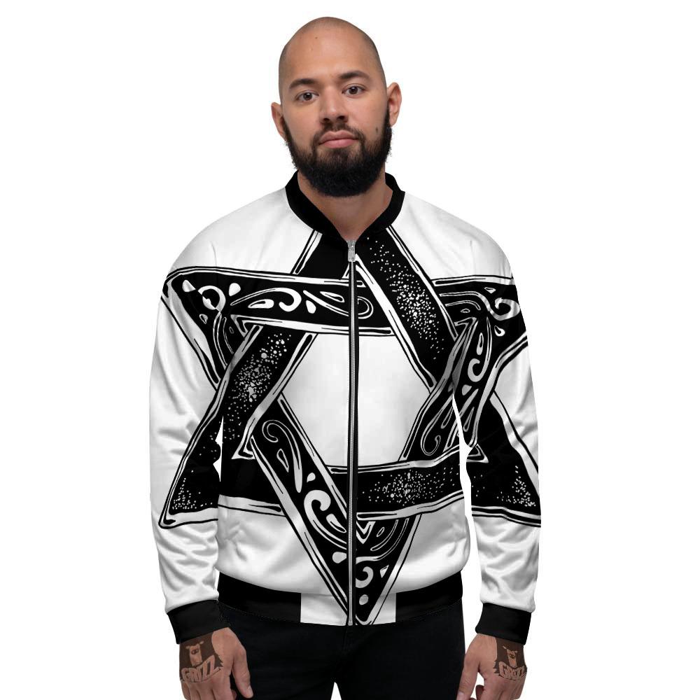 Star of David White And Black Print Men's Bomber Jacket-grizzshop