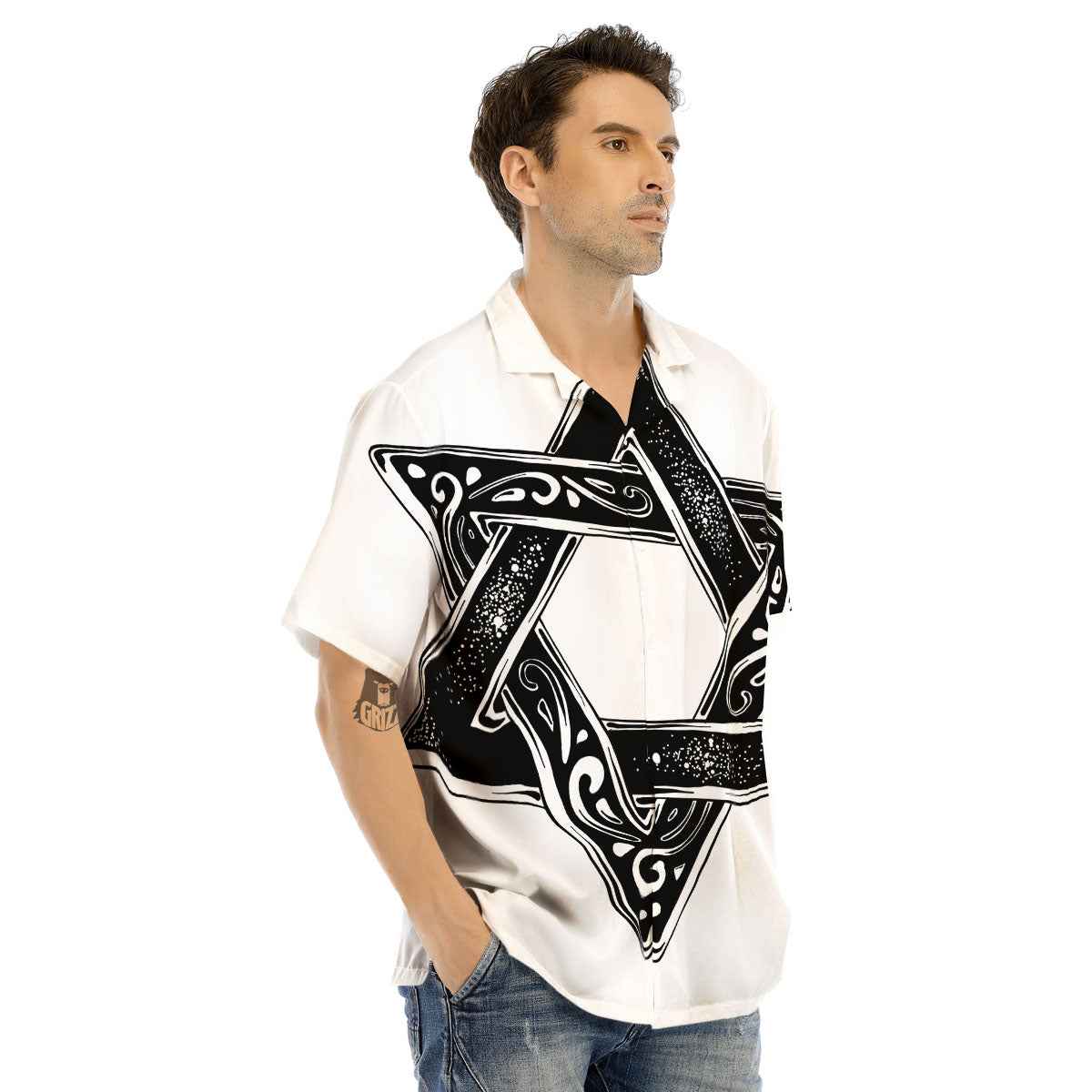 Star of David White And Black Print Men's Hawaiian Shirt-grizzshop