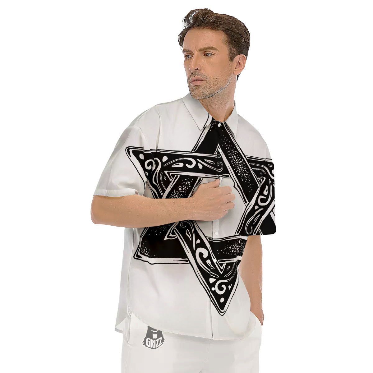 Star of David White And Black Print Men's Short Sleeve Shirts-grizzshop