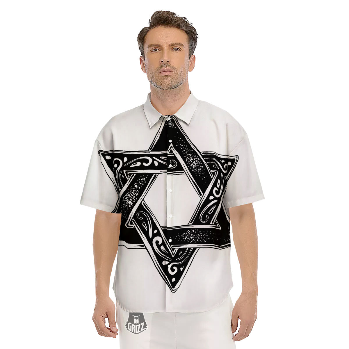 Star of David White And Black Print Men's Short Sleeve Shirts-grizzshop