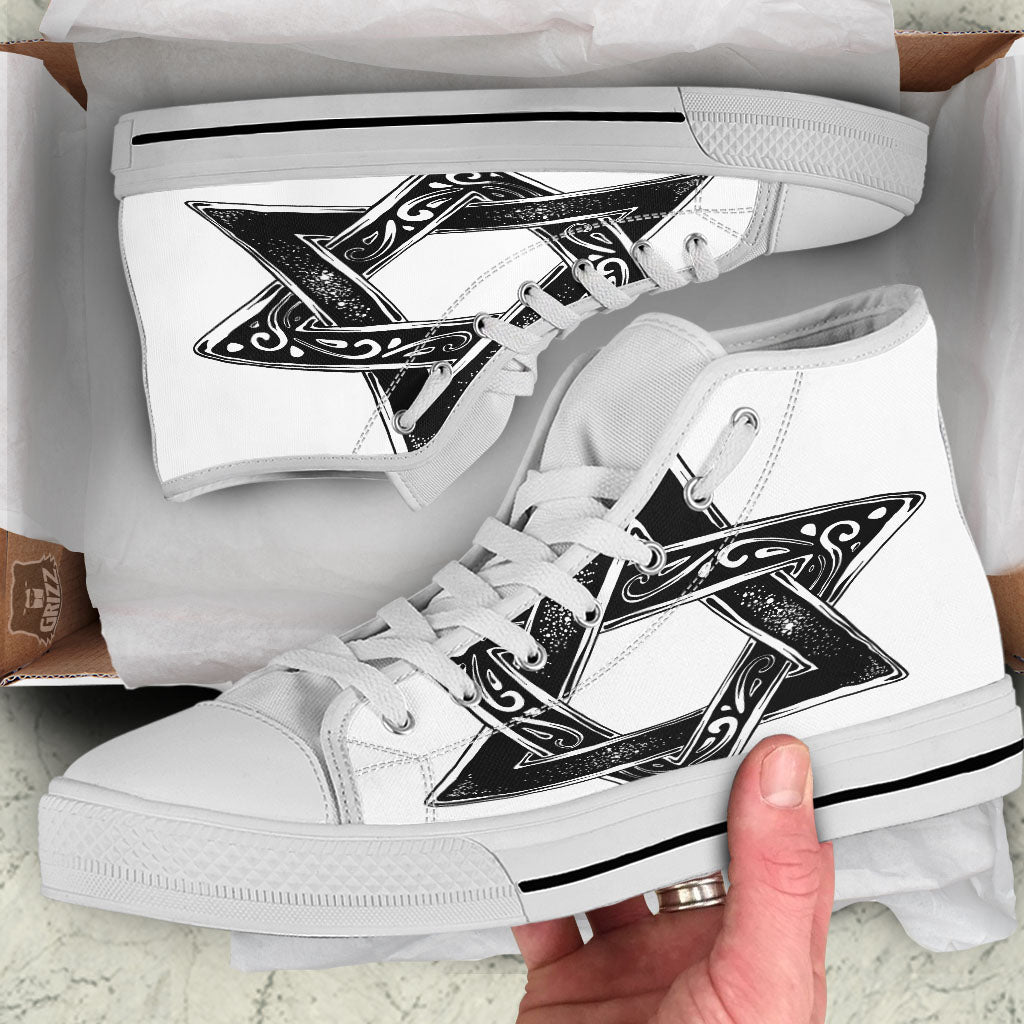 Star of David White And Black Print White High Top Shoes-grizzshop