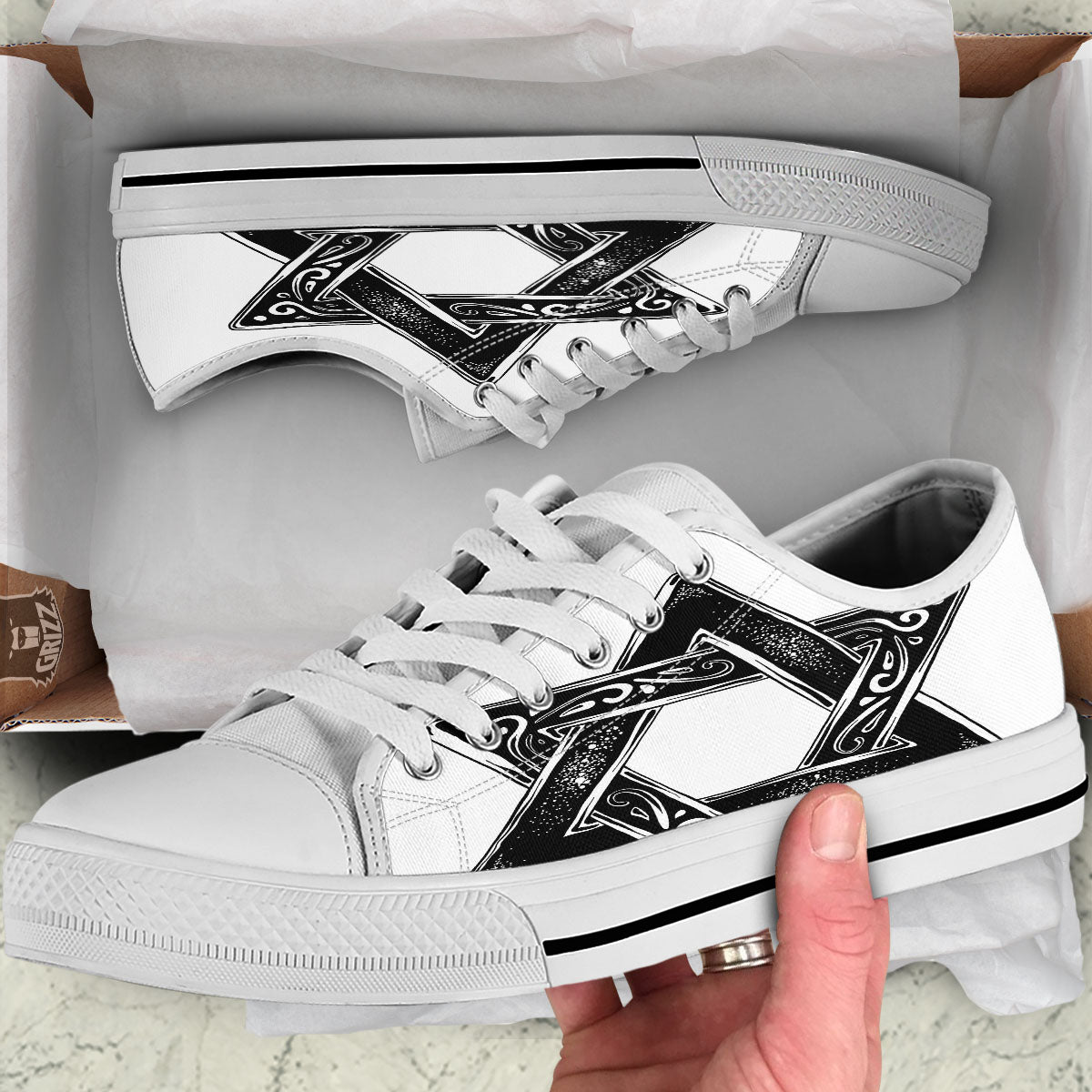 Star of David White And Black Print White Low Top Shoes-grizzshop