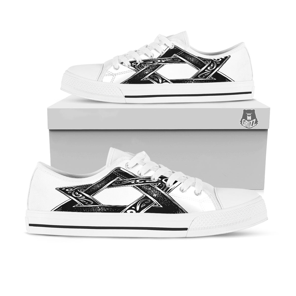 Star of David White And Black Print White Low Top Shoes-grizzshop