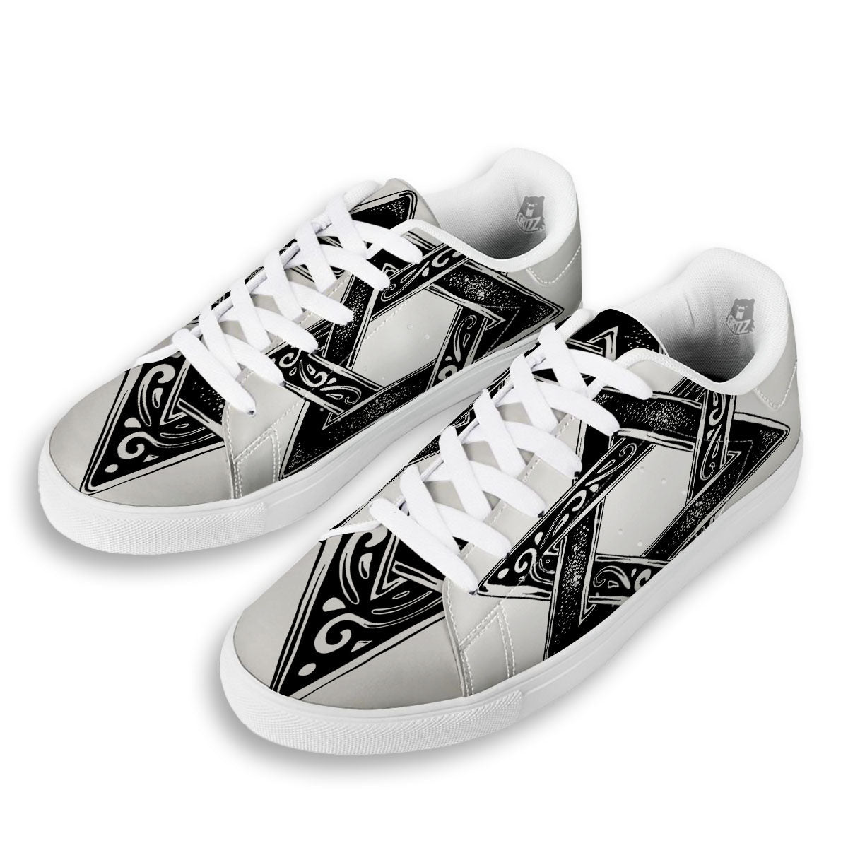 Star of David White And Black Print White Low Top Sneakers-grizzshop
