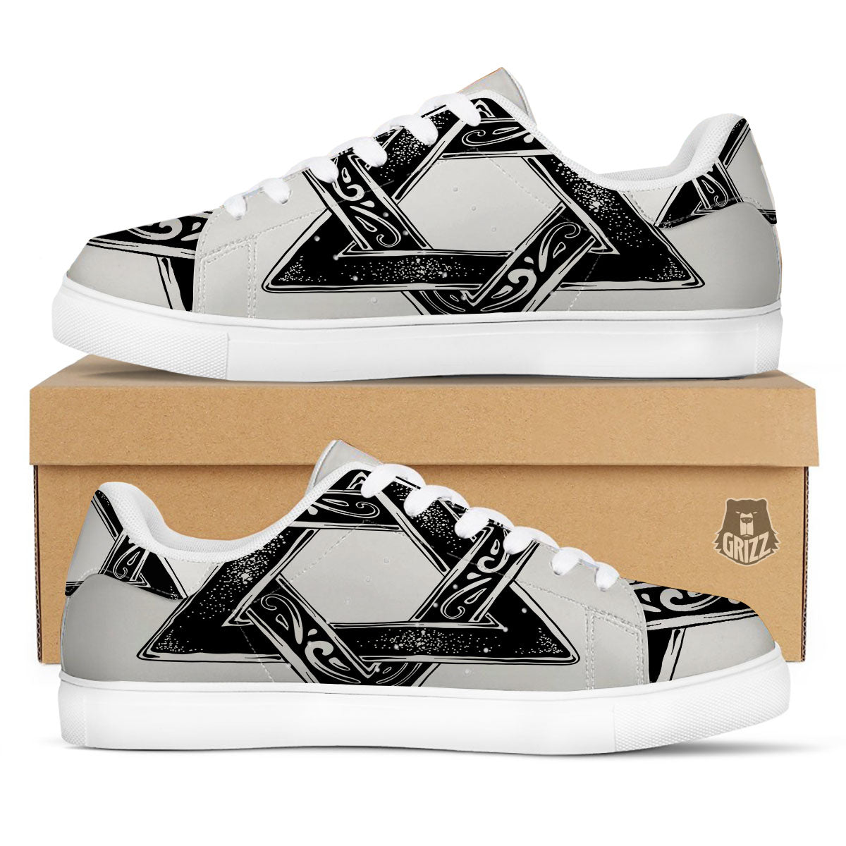 Star of David White And Black Print White Low Top Sneakers-grizzshop