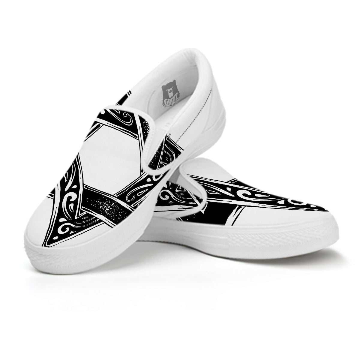 Star of David White And Black Print White Slip On Shoes-grizzshop