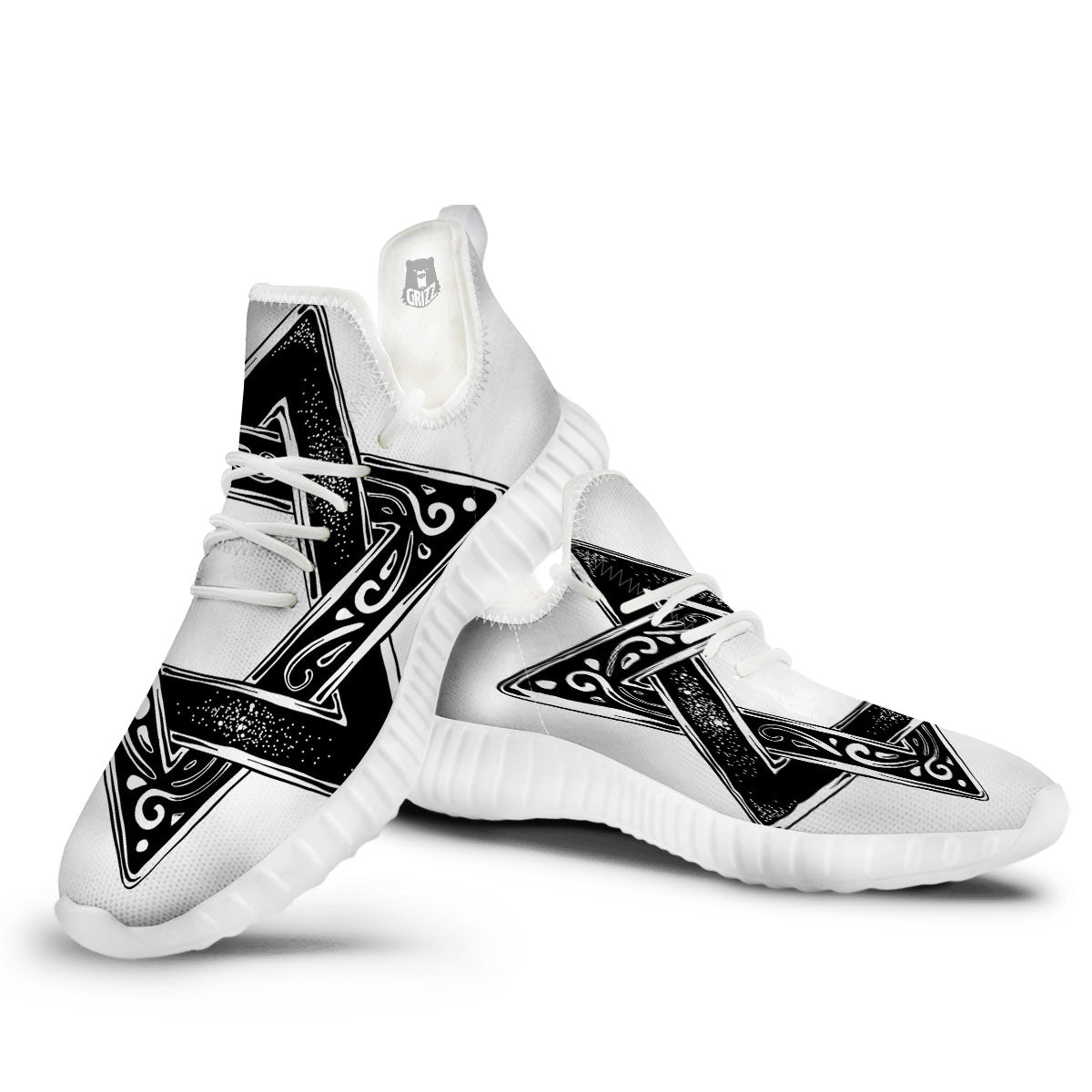 Star of David White And Black Print White Walking Shoes-grizzshop