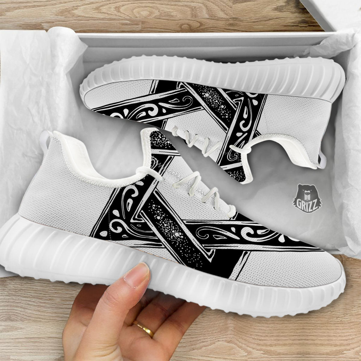 Star of David White And Black Print White Walking Shoes-grizzshop