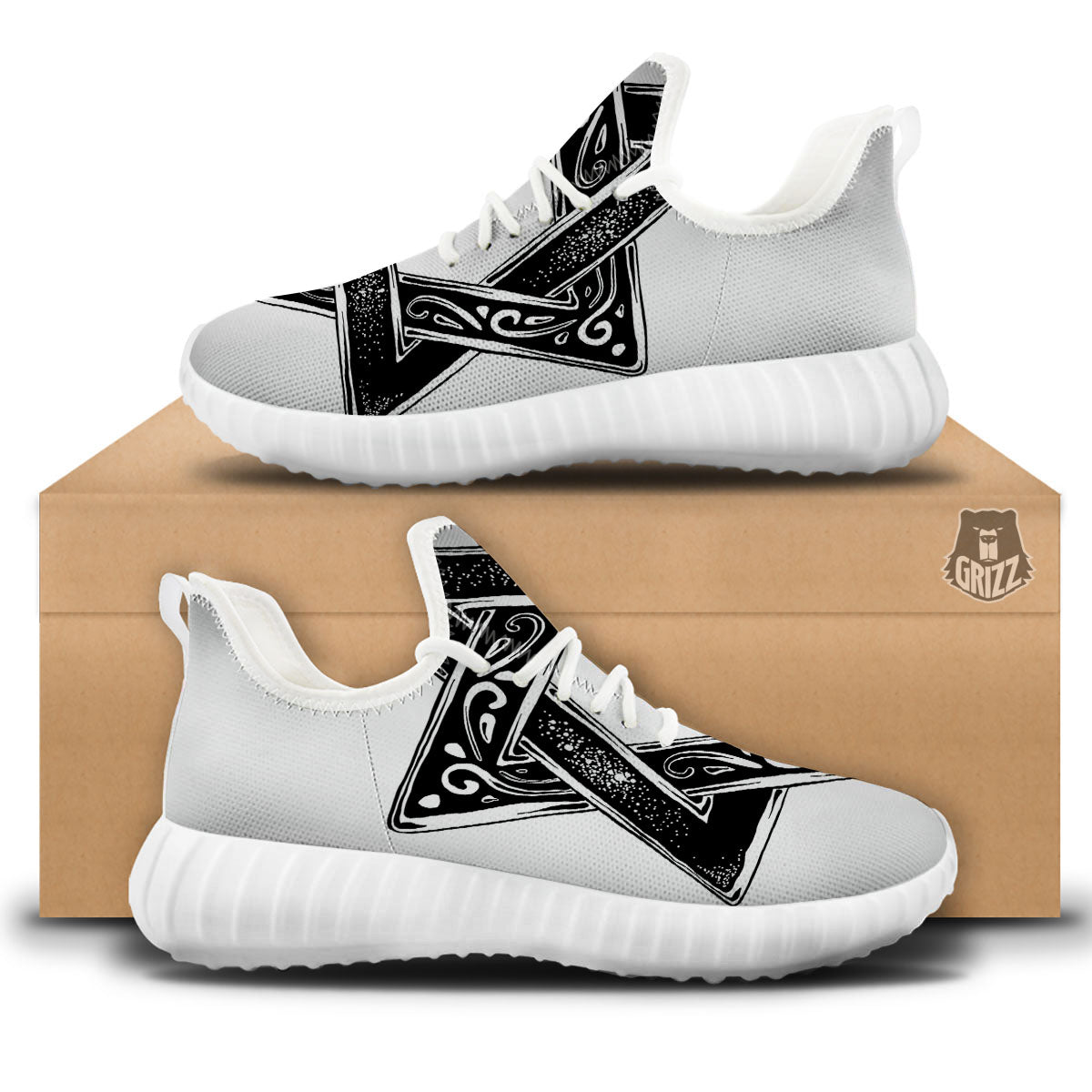 Star of David White And Black Print White Walking Shoes-grizzshop
