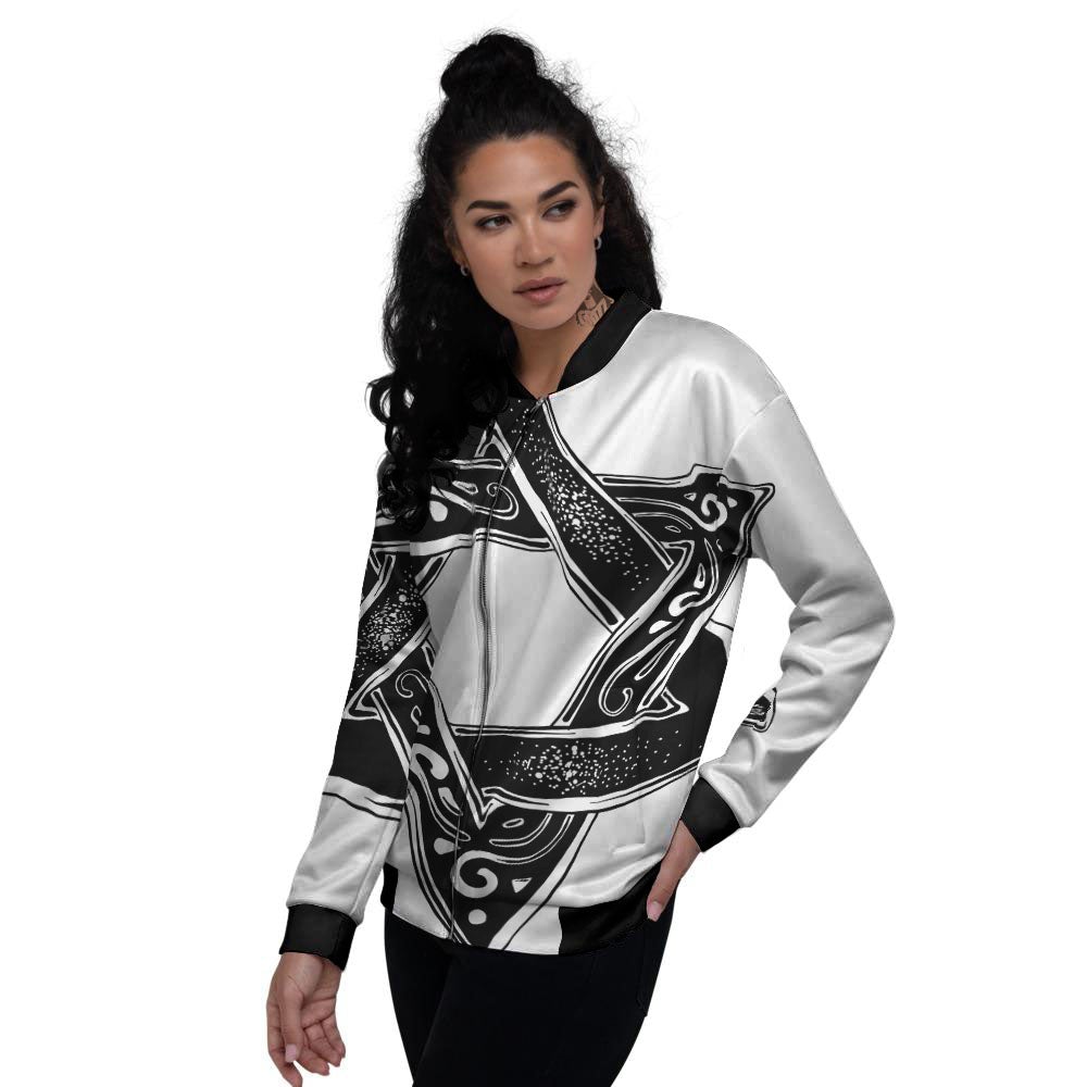 Star of David White And Black Print Women's Bomber Jacket-grizzshop