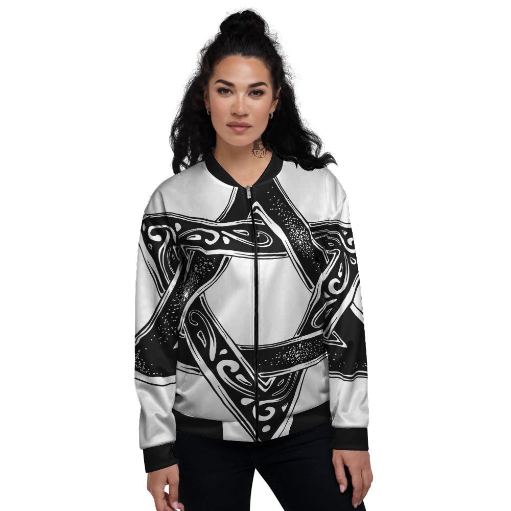 Star of David White And Black Print Women's Bomber Jacket-grizzshop