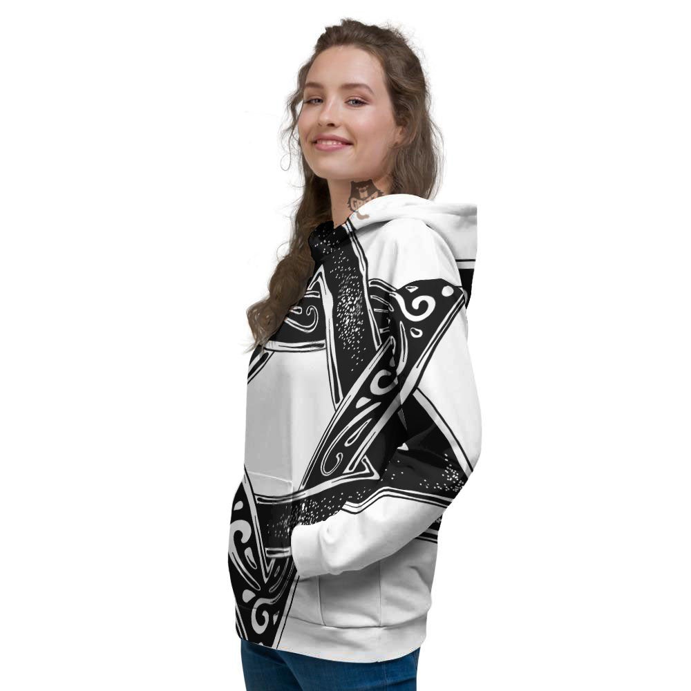 Star of David White And Black Print Women's Hoodie-grizzshop