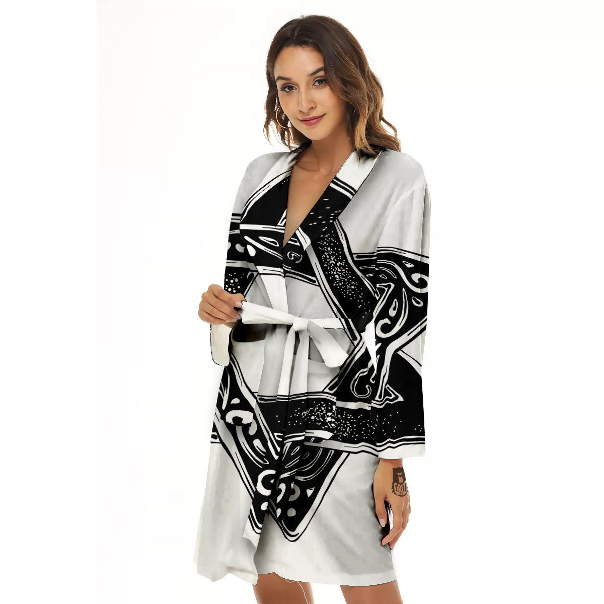 Star of David White And Black Print Women's Robe-grizzshop