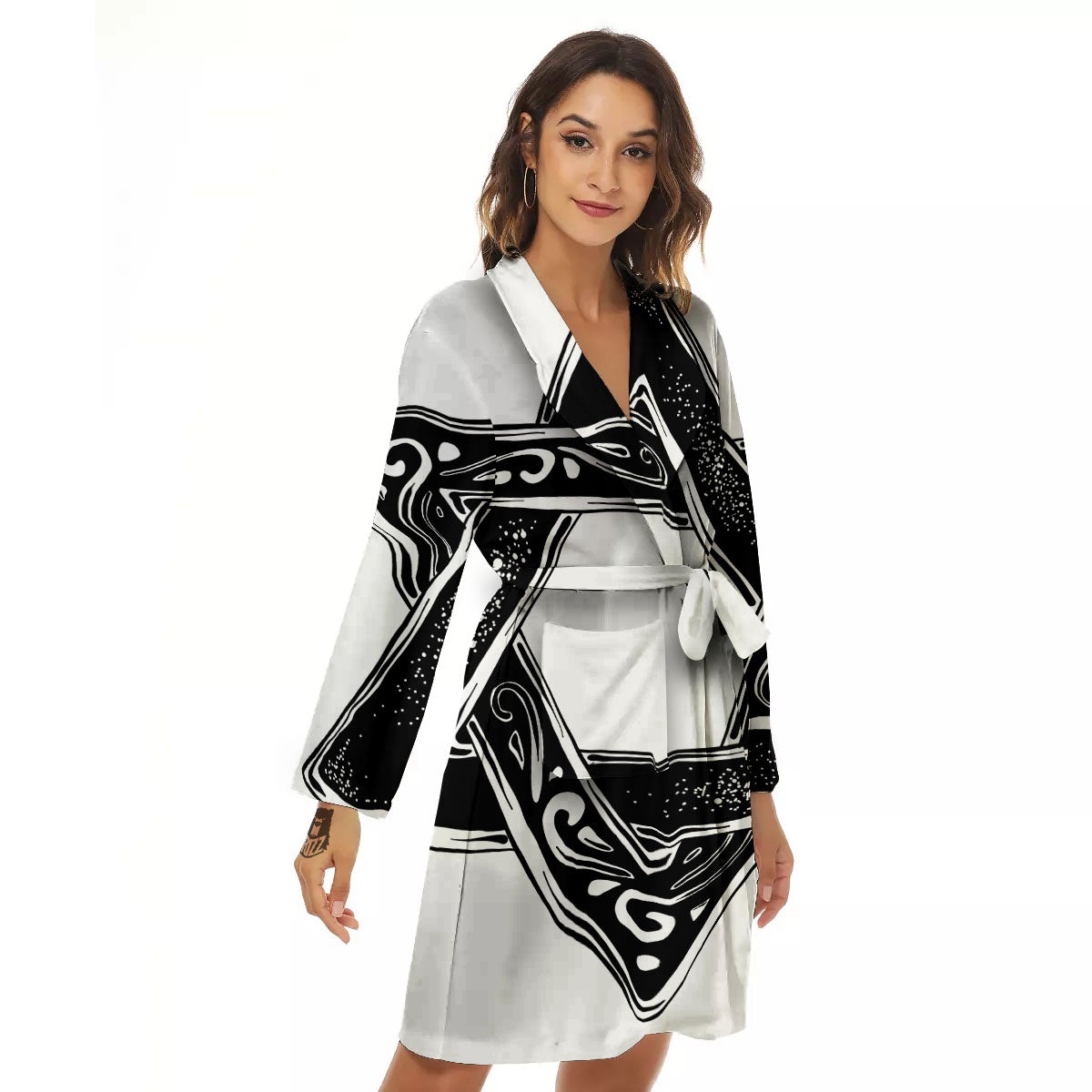 Star of David White And Black Print Women's Robe-grizzshop