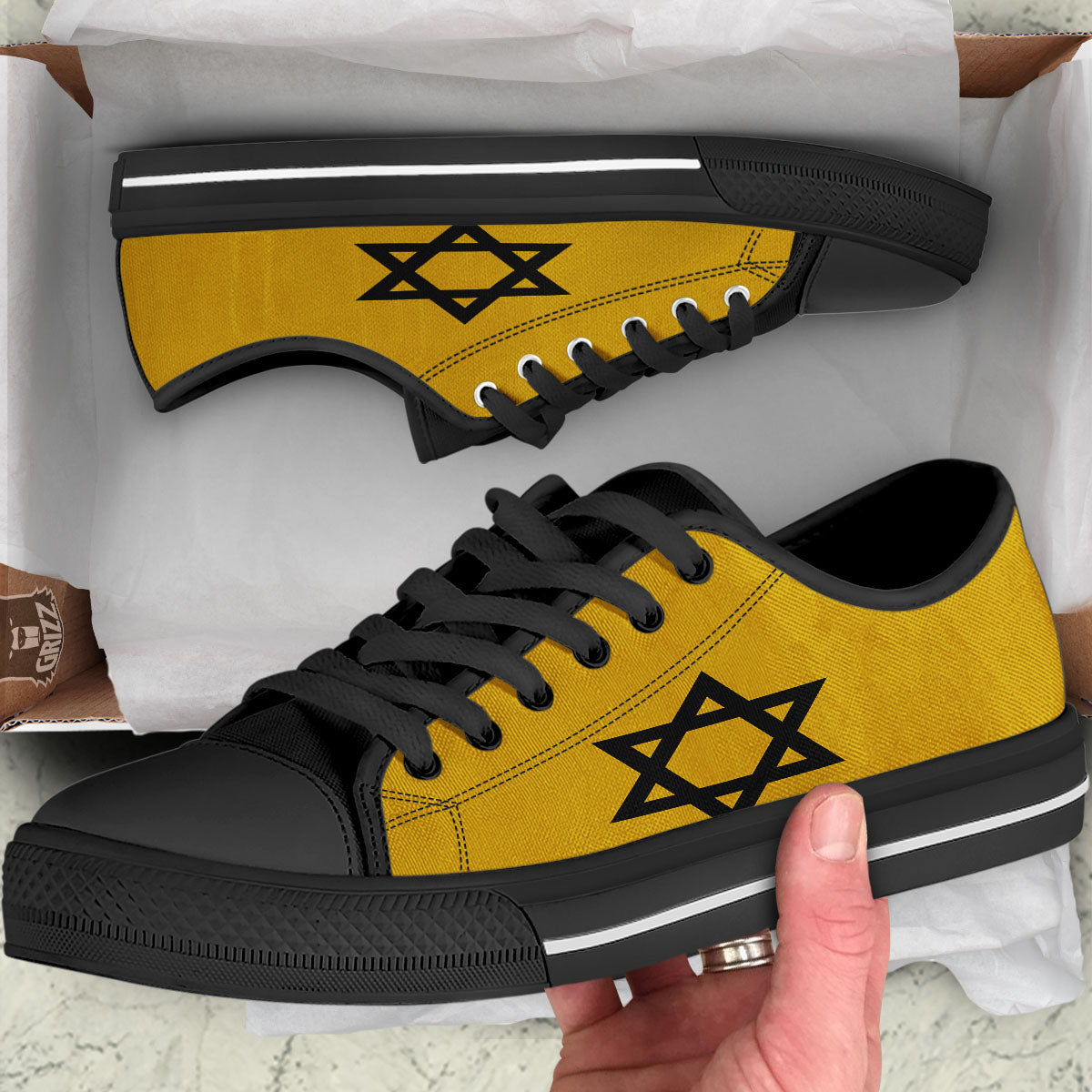Star of David Yellow And Black Print Black Low Top Shoes-grizzshop