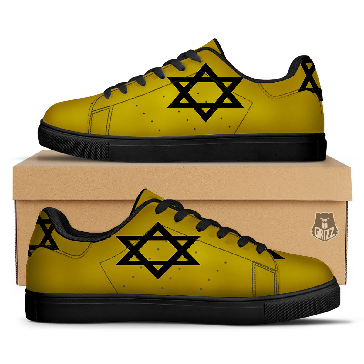 Star of David Yellow And Black Print Black Low Top Sneakers-grizzshop