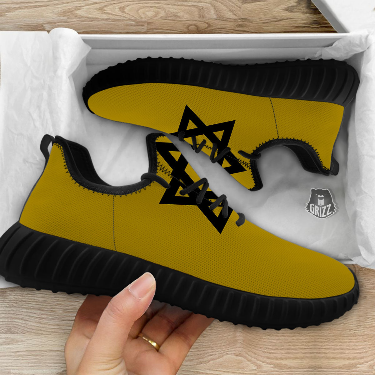 Star of David Yellow And Black Print Black Walking Shoes-grizzshop