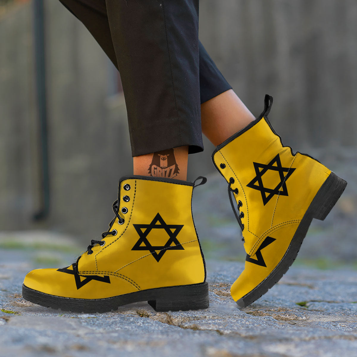 Star of David Yellow And Black Print Leather Boots-grizzshop