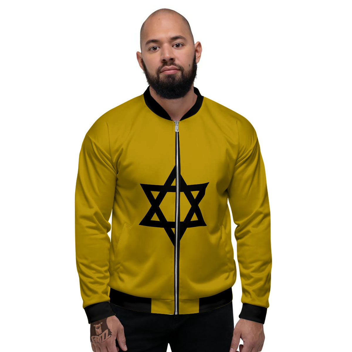 Star of David Yellow And Black Print Men's Bomber Jacket-grizzshop