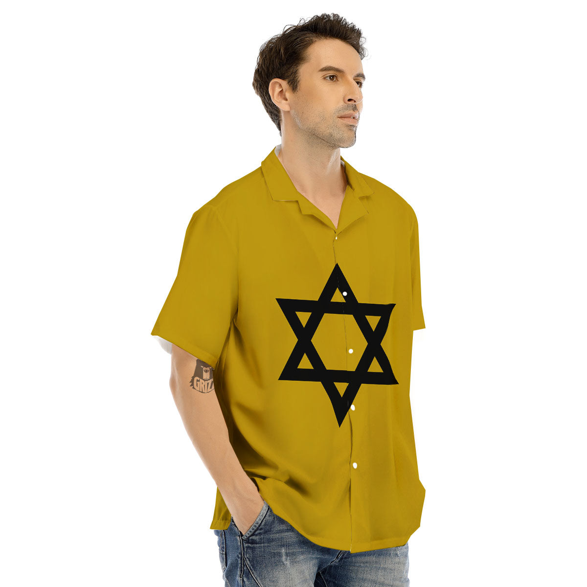 Star of David Yellow And Black Print Men's Hawaiian Shirt-grizzshop