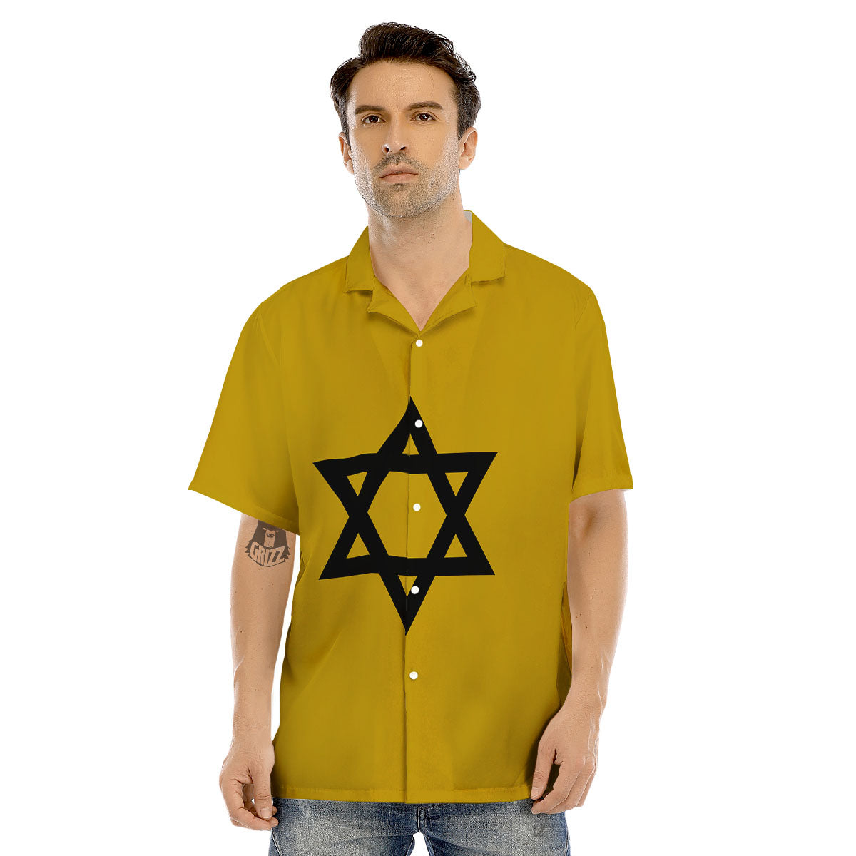 Star of David Yellow And Black Print Men's Hawaiian Shirt-grizzshop