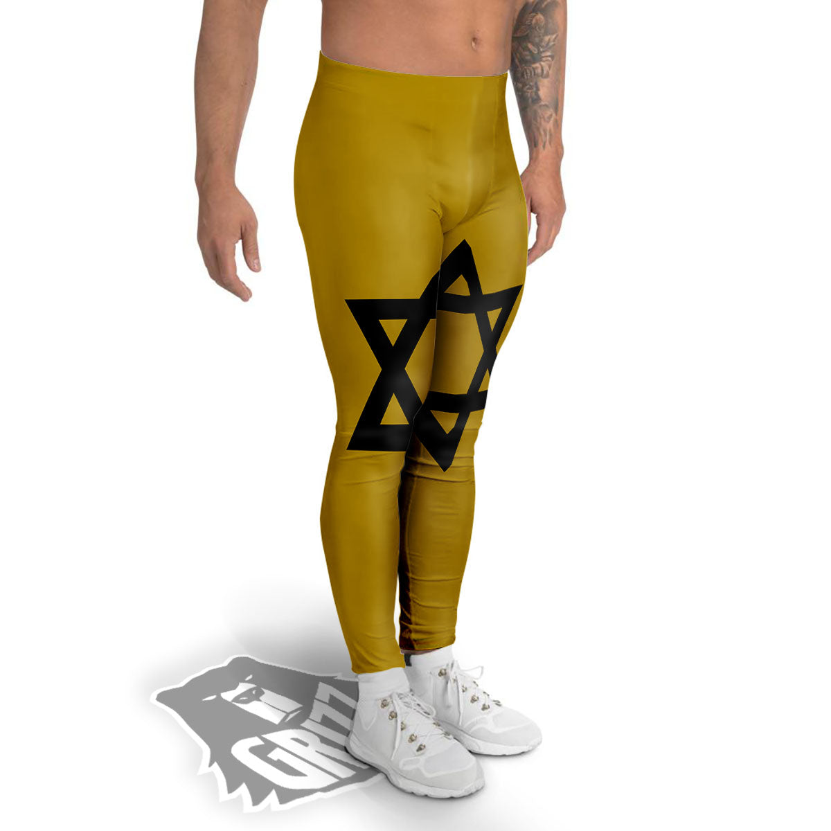 Star of David Yellow And Black Print Men's Leggings-grizzshop