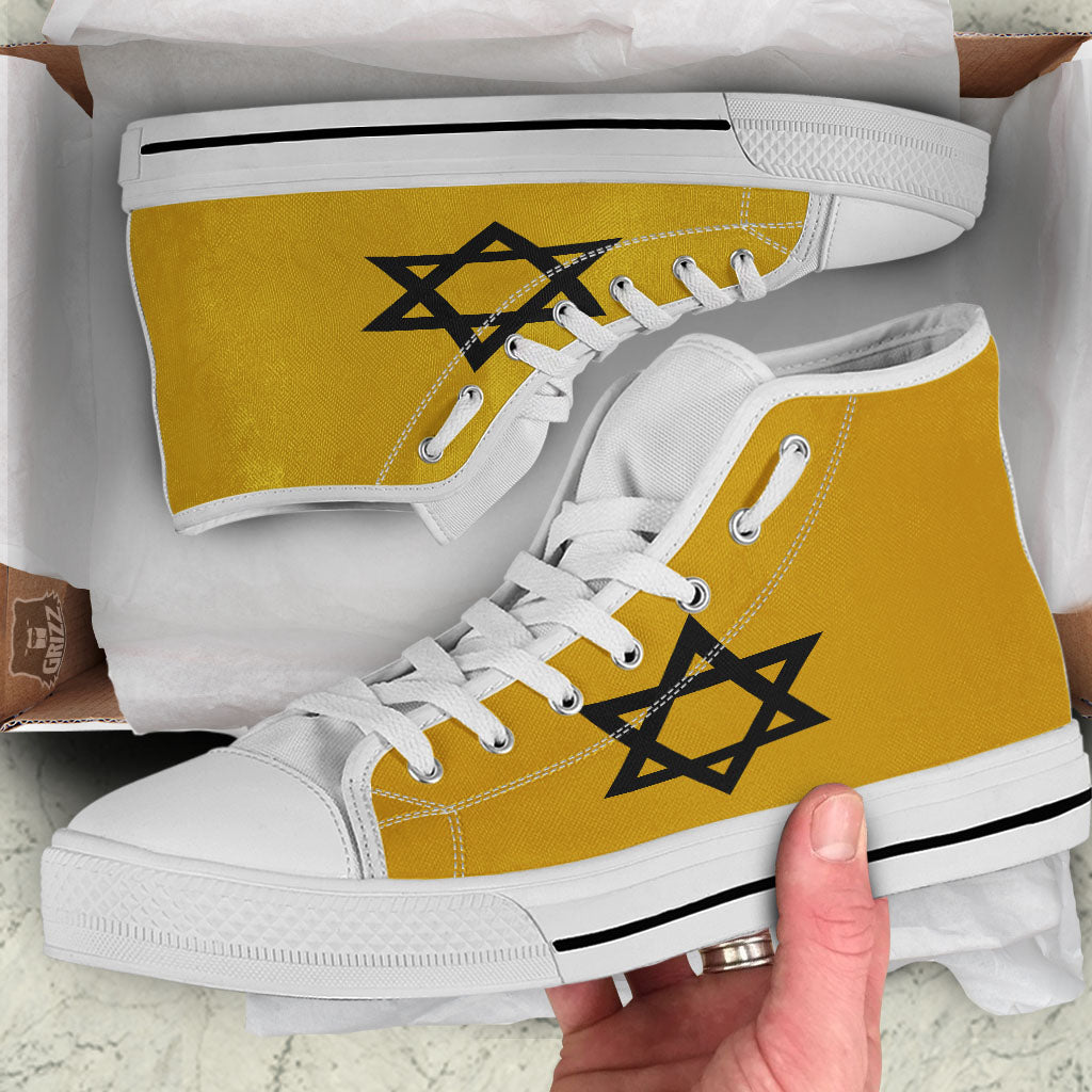 Star of David Yellow And Black Print White High Top Shoes-grizzshop