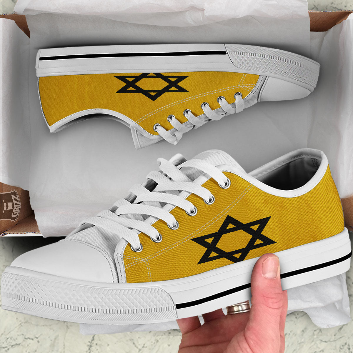 Star of David Yellow And Black Print White Low Top Shoes-grizzshop