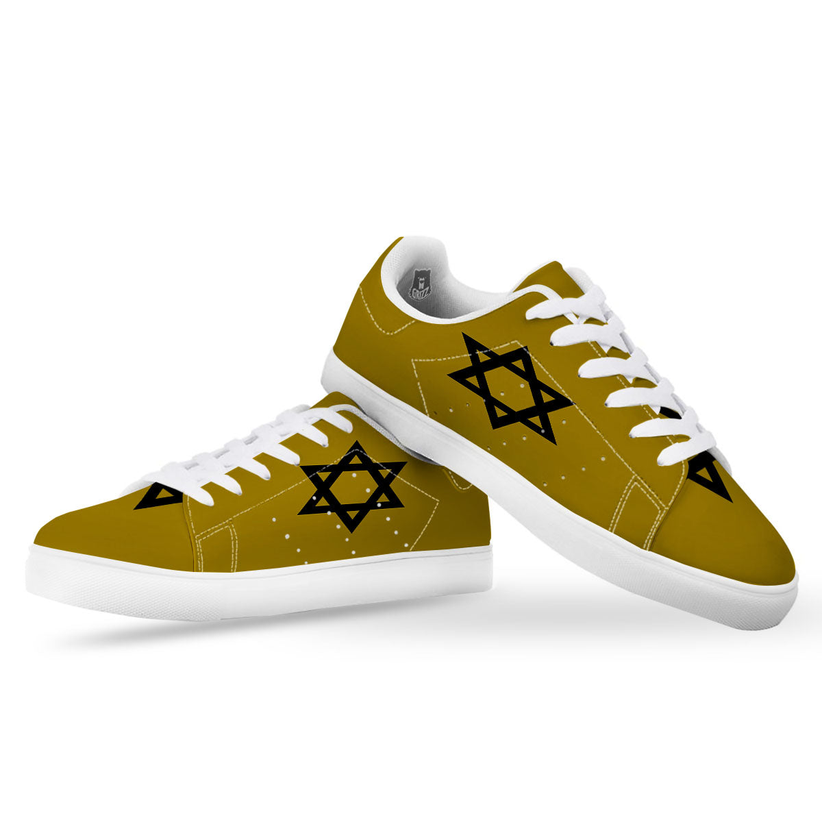 Star of David Yellow And Black Print White Low Top Sneakers-grizzshop